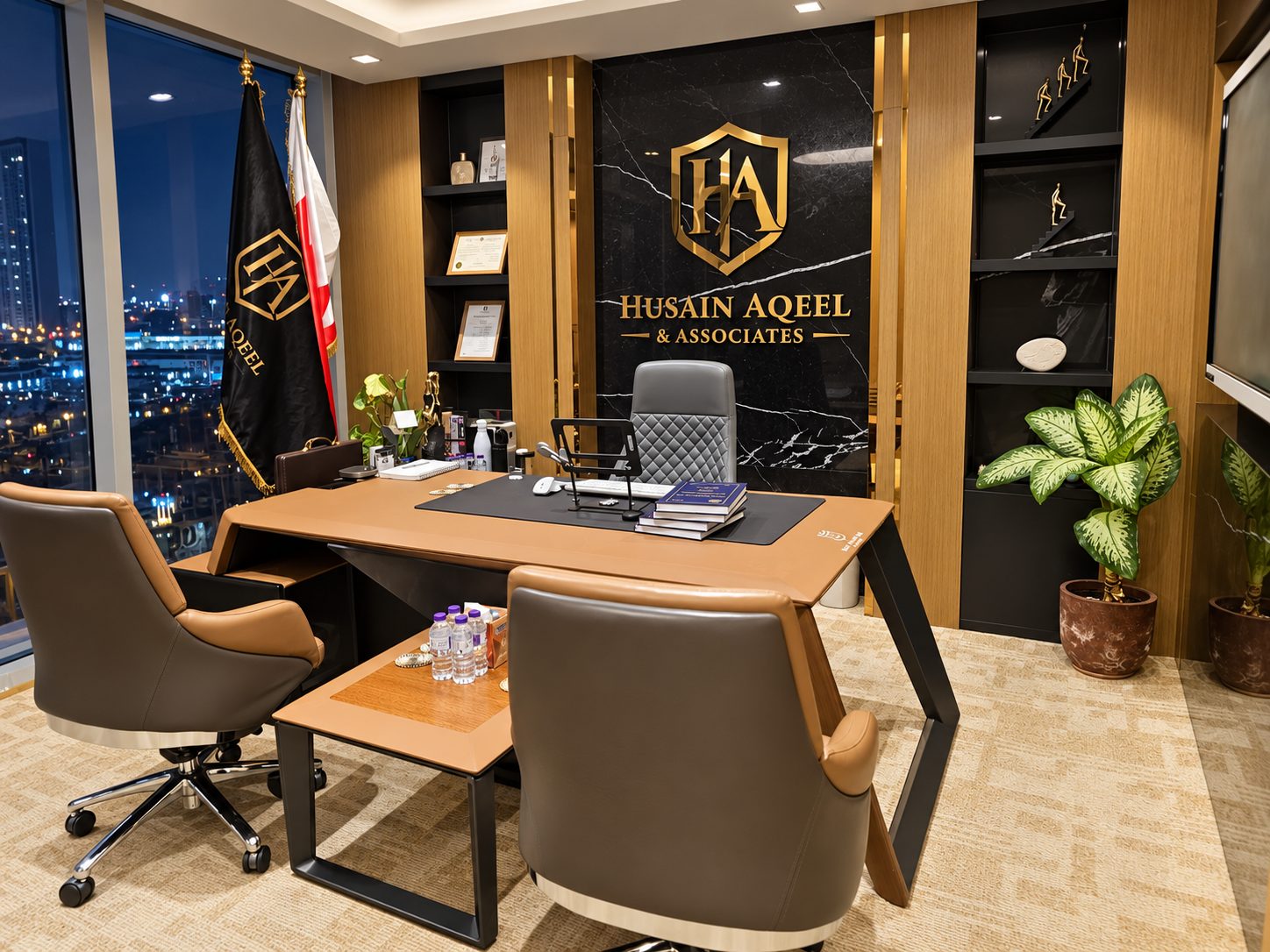 The founder’s office with the firm’s logo on the marble wall